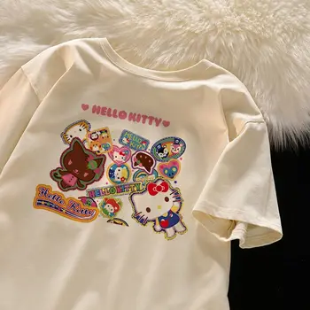 Тениска Hello Kitty Sanrio от 100% памук, лятна новост, дизайн с шарките на аниме, Универсален студентски свободен топ с къс ръкав