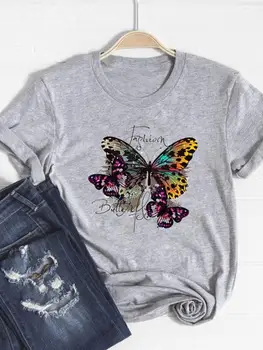 Тениска Базова дрехи Дамски дрехи Тениска с принтом в стил пеперуди, сладък летен топ на 90-те години, модна тениска с къс ръкав и шарките.