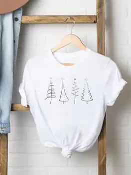 Тениска с изображение на коледно дърво, прекрасна тенденция стил, Коледна дамски дрехи, моден принт с кръгло деколте, коледна дамски ежедневни риза, тениска