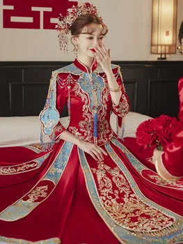 Традиционен китайски костюм Ципао Тан, женски сватбена рокля с пайети, мъниста, бродерии и пискюли