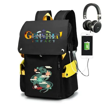 Училищна чанта Genshin Impact за тийнейджъри, раница с анимационни принтом, Черен детска раница за пътуване на открито, чанта за момчета и момичета