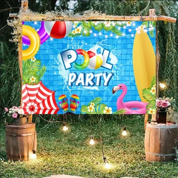 Фон за партита от летния басейн балон с фламинго Хавайски фон рожден Ден на бебе душ Розова торта маса банер Декор