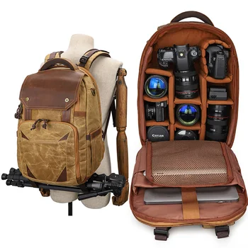 Чанта за фотоапарат, водоустойчив раница от холщовой на кожата в ретро стил батик с USB-порт, идеален за 15,4-инчов преносим компютър, мъжки чанти за снимки, пътна чанта за носене