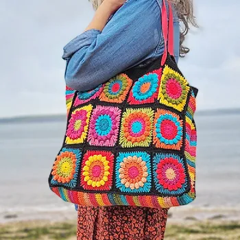 Чанта през рамо с цветя, ръчно изработени, чантата е с голям капацитет, женствена чанта за багаж, чанта за пазаруване за почивка, плажна чанта