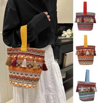 Чанта-тоут в етнически стил райе Елегантна холщовая чанта във формата на кофата с бродерия, Ins Чанта в ивица във формата на кофата, пътна чанта