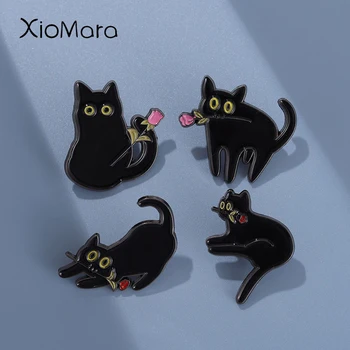 Черна котка с щифтове от розов емайл, обичай Забавни брошки със собствени животни, икони на лацканах, мультяшные пънк-бижута, подарък за приятели